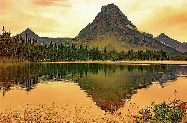 Wall Art featuring the photograph Serene Mountain Lake Sunset Reflection In Glacier by Bonnie Colgan