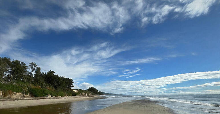 Serene Sandy Beach Under Blue Sky Photograph