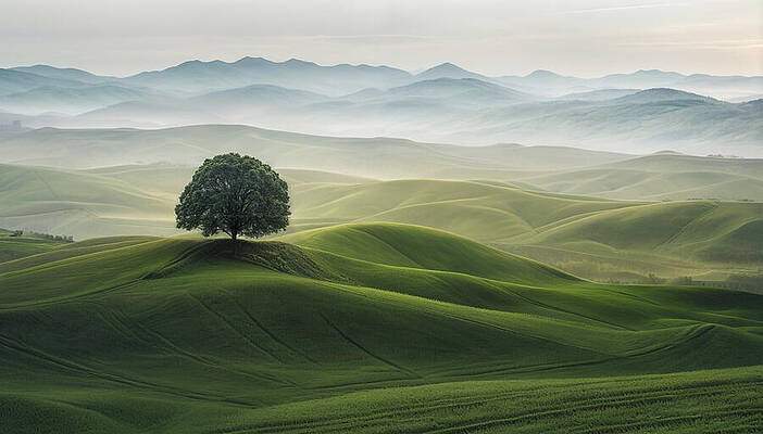 Architecture Wall Art featuring the ai art Serene Tree On Rolling Hills by The Luxury Art Collection
