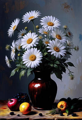 Daisies in a Vase with Fruit Digital Art
