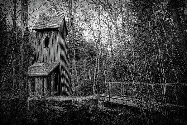 Vintage Photograph - Sheave Tower In The Woods, Kitchener, Ontario BW by John Twynam