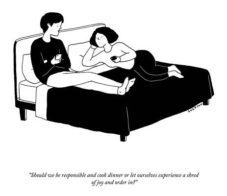 Couple Debating Dinner Choices Drawing