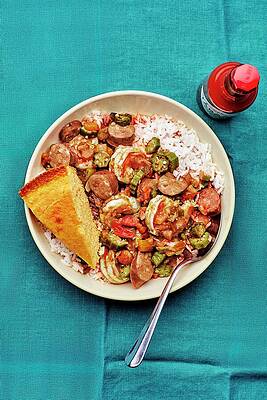 Plate Wall Art featuring the photograph Shrimp And Okra With Sausage by Emma Fishman