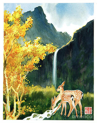 Tree Painting - Sika Deer - Doe And Fawn by Zhang Kerang