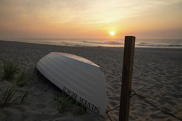 Summer Wall Art featuring the photograph Silver Beach Lifeguard Boat At Sunrise by Matthew DeGrushe