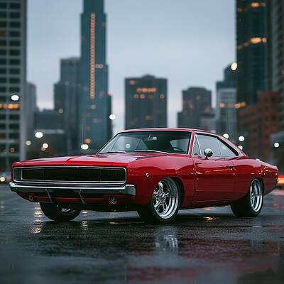 Red Classic Car in Urban Setting Wall Art