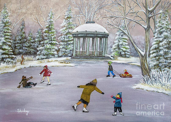 Winter Wall Art featuring the painting Skating At Slater Park by Shirley Dutchkowski