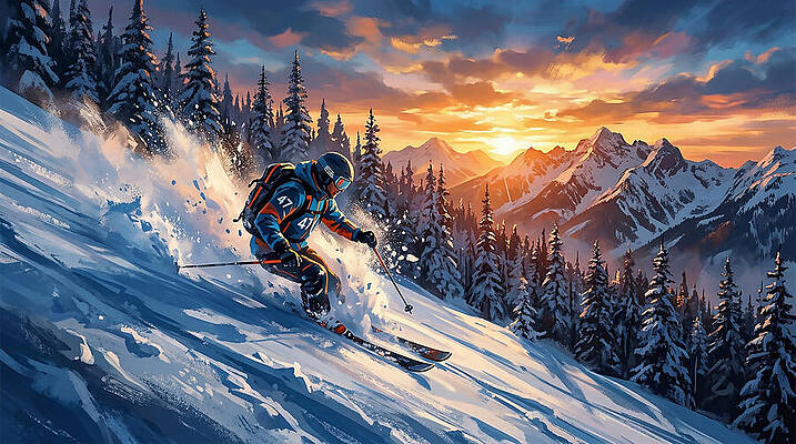 Skiing Down a Snowy Mountain at Sunset Digital Art