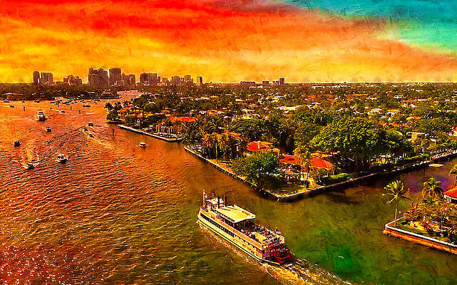 Nature Digital Art - Skyline Of Downtown Fort Lauderdale Seen From The New River At Sunset - Oil Painting by Nicko Prints