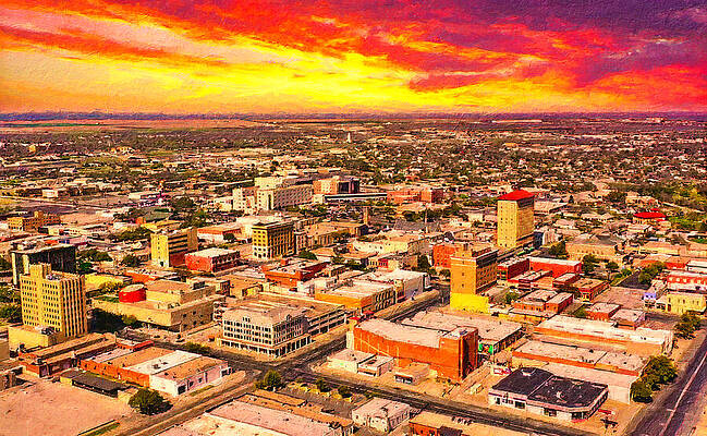 Digital Art - Skyline Of Downtown  San Angelo, Texas, Seen At Sunset - Digital Painting by Nicko Prints