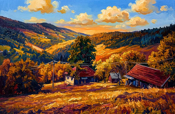 Charming Autumn Mountain Village Digital Art