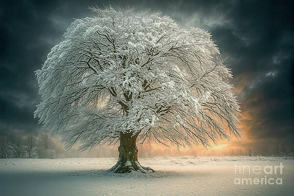 Majestic Snow-Covered Tree at Sunset Wall Art