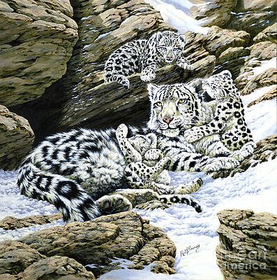 Animal Wall Art featuring the painting Snow Leopard And Her Cubs In The Wild by R G Finney