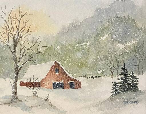 Serene Painting - Snowy Barn by Judy Strickland