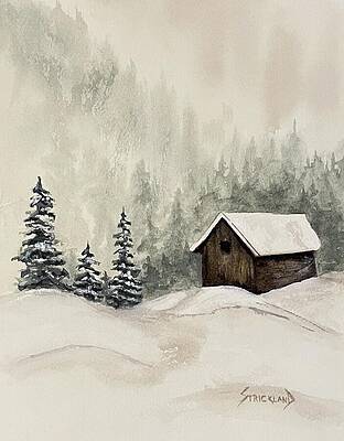 Tree Wall Art featuring the painting Snowy Cabin by Judy Strickland