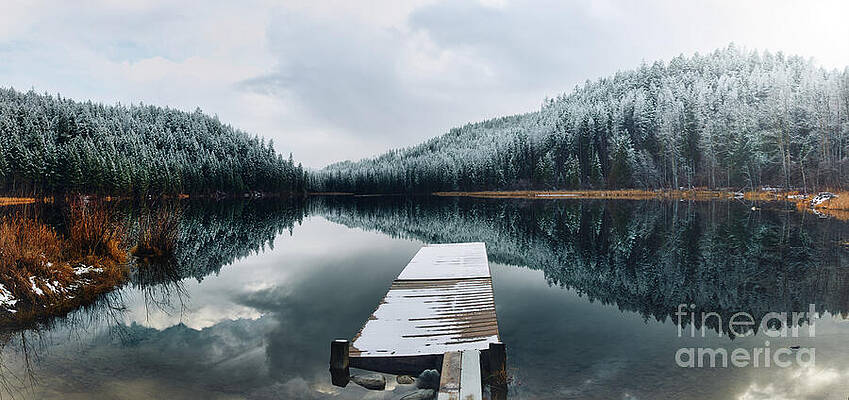 Snowy Dock Reflected in Lake Wall Art