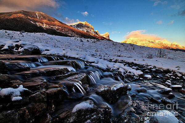 Snowy Mountain Stream at Sunrise Wall Art
