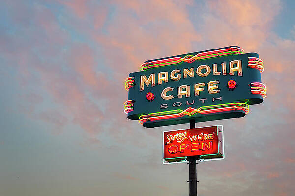 Magnolia Cafe Neon Sign at Sunset Wall Art