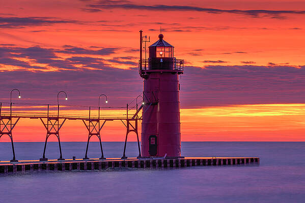 Architecture Wall Art featuring the photograph South Haven South Pier Light After Sunset by Michael Collins