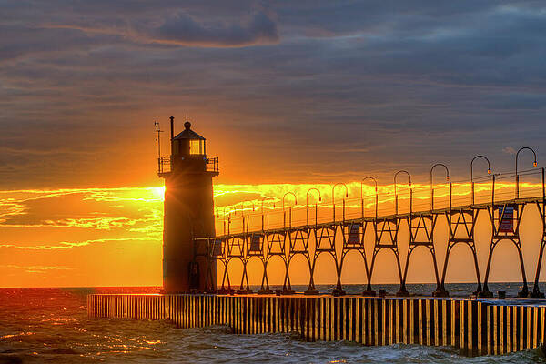 Architecture Wall Art featuring the photograph South Haven South Pier Light At Sunset by Michael Collins