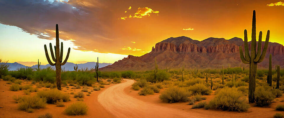 Nature Digital Art - Southwestern Desert Landscape Saguaro Cacti, At Sunset - Digital Painting by Nicko Prints