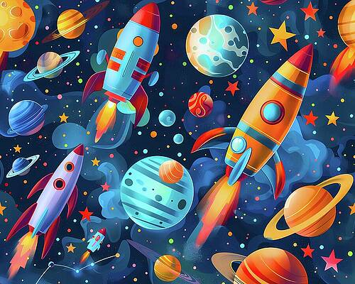 Whimsical Wall Art featuring the digital art Space_exploration_theme_rockets_and_planets_vibrant_colors_No 1 by Andre Petrov