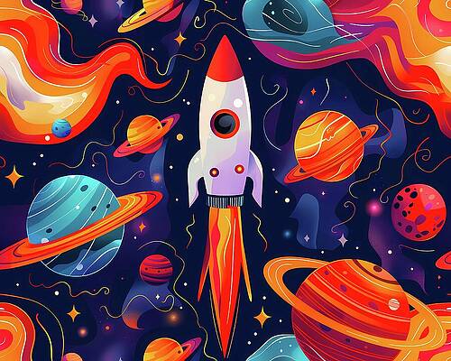 Whimsical Wall Art featuring the digital art Space_exploration_theme_rockets_and_planets_vibrant_colors_No 2 by Andre Petrov