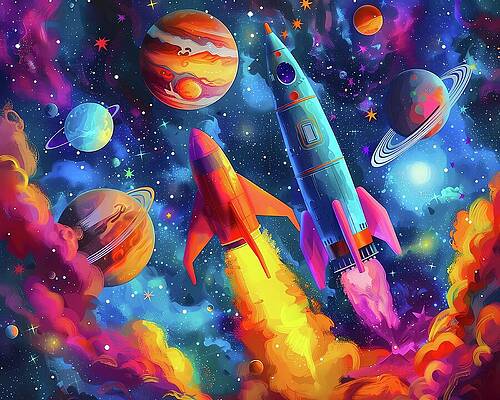 Whimsical Wall Art featuring the digital art Space_exploration_theme_rockets_and_planets_vibrant_colors_No 3 by Andre Petrov