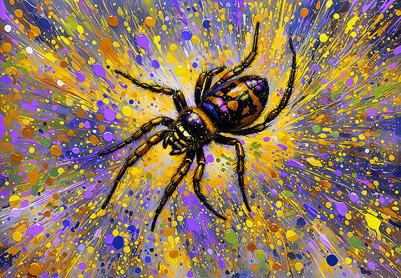 Wall Art featuring the digital art Spider In The Center Of A Colorful Painterly Background In Yellow And Violet by Nicko Prints