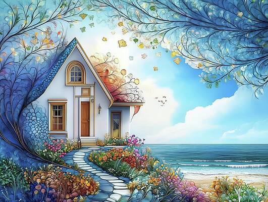 Whimsical Digital Art - Spring Cottage by Eris And AI