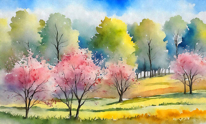 Wall Art featuring the digital art Spring Trees In Bloom - Watercolor Painting In Pastel Colors by Nicko Prints