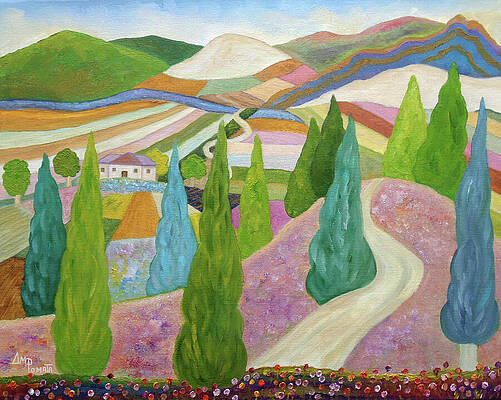 Wall Art featuring the painting Spruces And Lavender Blues by Angeles M Pomata