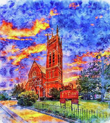 Vibrant Wall Art featuring the digital art St. Peters Catholic Church In Worcester, Massachusetts, At Sunset - Pen And Watercolor by Nicko Prints
