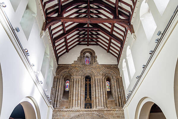 Historic Church Interior with Stained Glass Wall Art