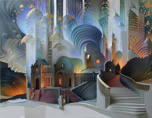 Gold Wall Art featuring the digital art Stairs To The City by Eris And AI