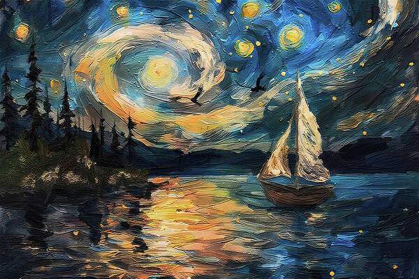 Tree Digital Art - Starry Night Boat Sailing 2 Impressionist Oil Painting by Nature Oil Painting