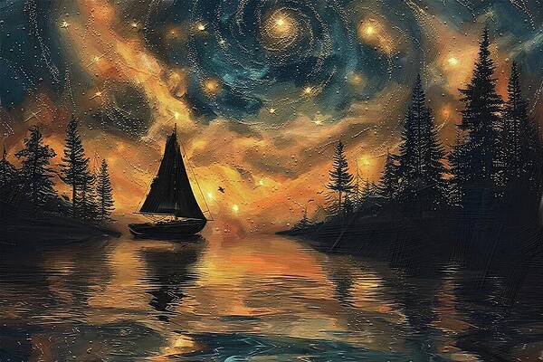 Tree Digital Art - Starry Night Impressionist Boat Sailing Digital Oil Painting by Nature Oil Painting