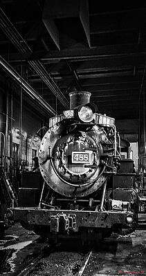 Train Photograph - Steam Engine Repairs Chama, NM In BW by Rene Vasquez