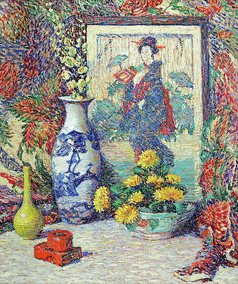 Wall Art featuring the painting Still Life Of Vases, Chrysanthemums And A Japanese Print By Lillian Burk Meeser by Lillian Burk Meeser