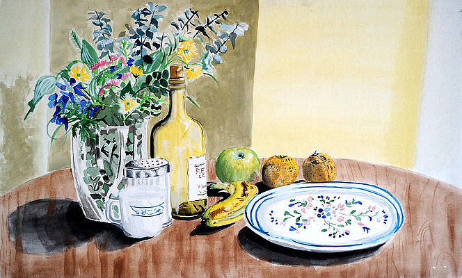 Wall Decor Painting - Still Life With Flower Bouquet And Fruit by Michel Cruz-Garcia
