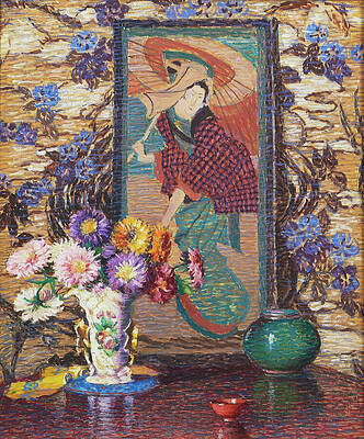 Wall Art featuring the painting Still Life With Flowers And A Japanese Painting By Lillian Burk Meeser by Lillian Burk Meeser