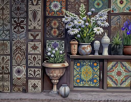 Intricate Wall Art featuring the digital art Still Life With Flowers And Fanciful Wall by Eris And AI