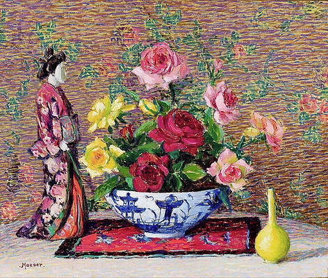 Wall Art featuring the painting Still Life With Geisha Figure And Roses By Lillian Burk Meeser by Lillian Burk Meeser