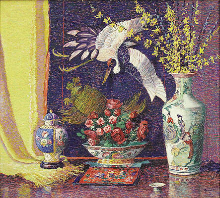 Wall Art featuring the painting Still Life With Roses, Forsythia And Chinese Porcelain By Lillian Burk Meeser by Lillian Burk Meeser