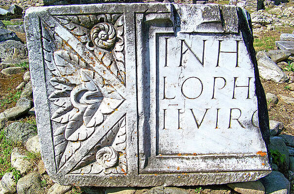 Photograph - Stone Slab With Latin Inscription At The Ruins Of Ulpia Traiana Sarmizegetusa, Romania by Nicko Prints