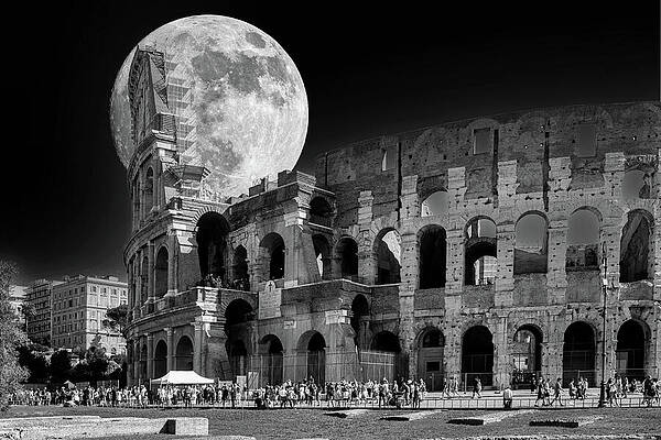 Architecture Photograph - Strawberry Moon Over Colosseum - Composite by Robert Niemeier