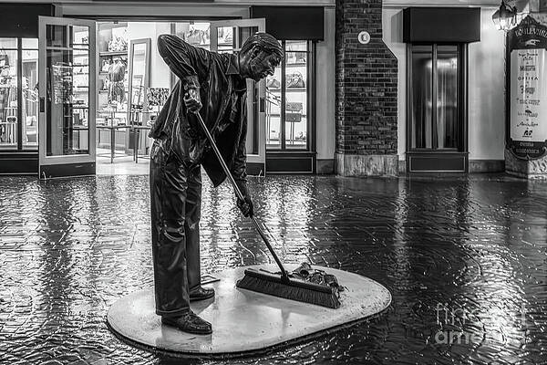 Las Vegas Photograph - Street Sweeper Bronze Statue In Black And White - Paris Las Vegas by Tatiana Travelways