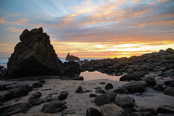 Wall Art featuring the photograph Stunning Sunset On Rocky Beach With Tide Pool Reflection by Matthew DeGrushe