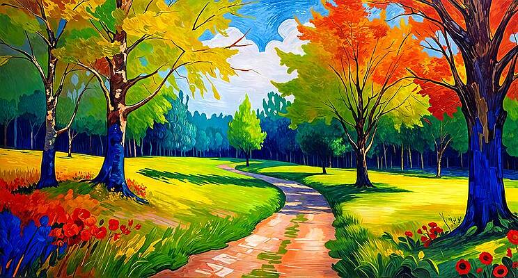 Nature Digital Art - Summer Meadow Scene With Trees, Flowers, And A Path - Digital Painting by Nicko Prints