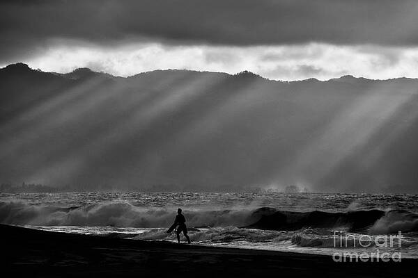 Wall Art featuring the photograph Surfer In Sun Beams by Debra Banks